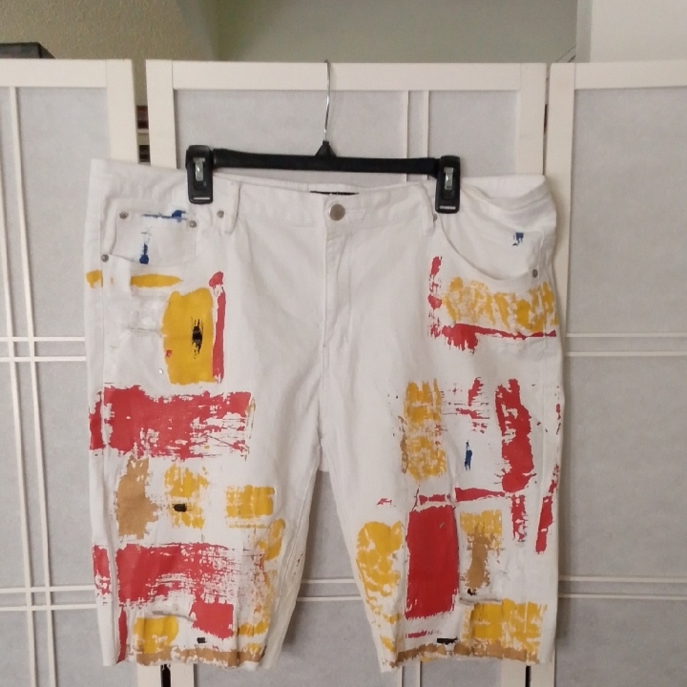 American Bazi White Jean Shorts with Abstract Prints 3XL